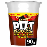 A 90g Pot Noodle - Beef & Tomato Flavour cup offers a quick meal, with a red and brown design, tomato and bull graphics, and a price label stating "ONLY £1.25".